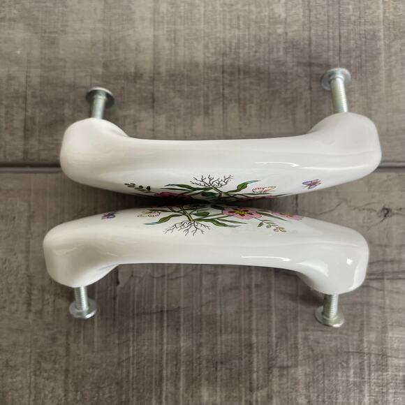 Vtg White Porcelain Floral Drawer Pull Handle 3” Rosa Canina English JAPAN - Picture 4 of 7